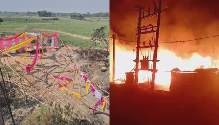Massive fire caused by cylinder explosion