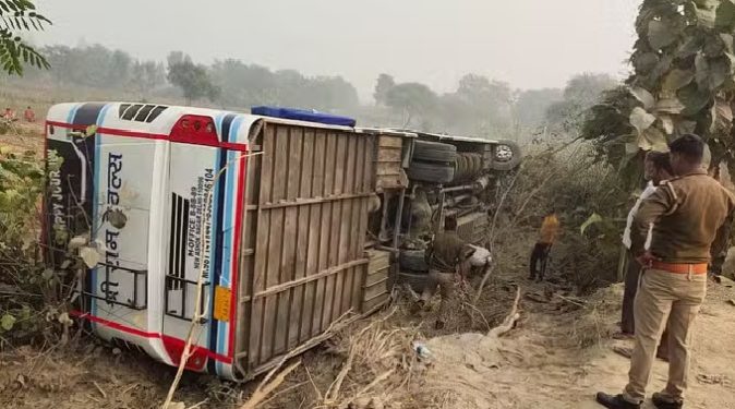 Double decker bus overturned