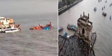 A boat capsized in the sea near the Gateway of India