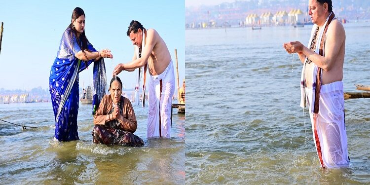 CM Dhami takes holy dip in Sangam
