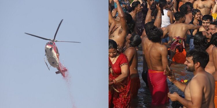 Flowers were showered on the devotees on Magh Purnima bath