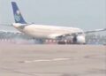 Smoke started coming out from the wheels of the plane during landing