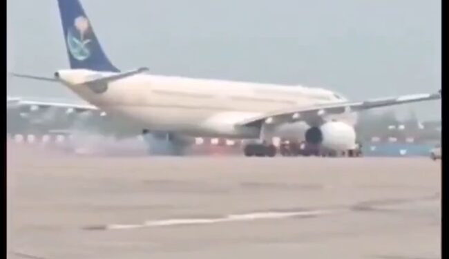 Smoke started coming out from the wheels of the plane during landing