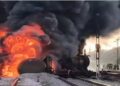 A huge fire broke out in a goods train carrying diesel