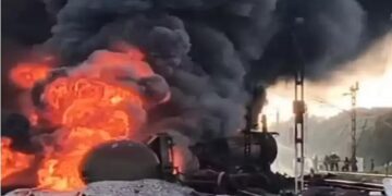 A huge fire broke out in a goods train carrying diesel