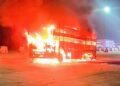 Fire breaks out in a double-decker bus