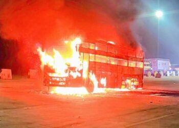 Fire breaks out in a double-decker bus