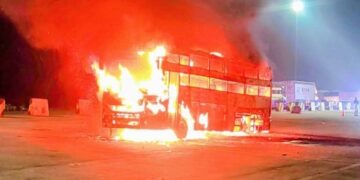 Fire breaks out in a double-decker bus
