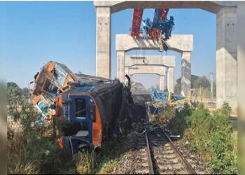 Crane falls on moving train