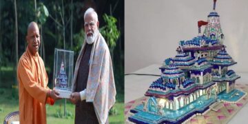 CM Yogi presented a pink enamelled replica of the Shri Ram Temple to PM Modi.