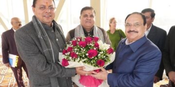 JP Nadda was welcomed by CM Dhami at Jolly Grant Airport
