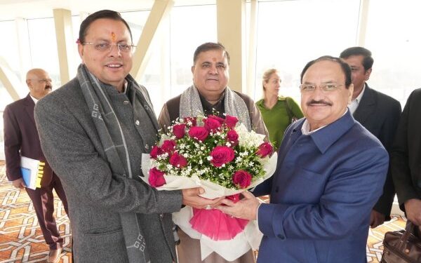 JP Nadda was welcomed by CM Dhami at Jolly Grant Airport