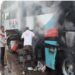 A private bus suddenly caught fire.
