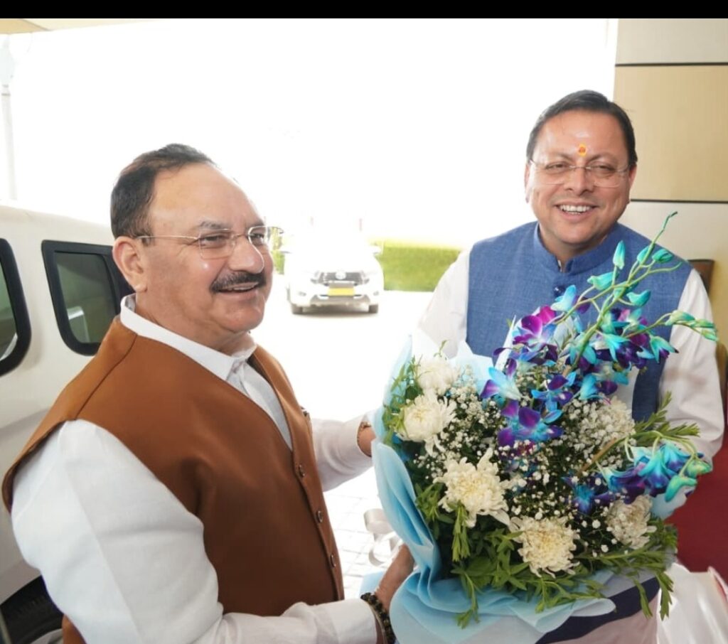 JP Nadda reached Uttarakhand, CM Dhami welcomed him