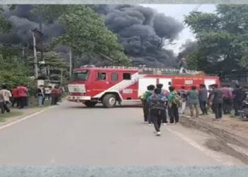Massive fire breaks out at carbon factory following an explosion.
