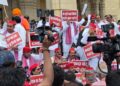 SP MLAs stage a sit-in at the Vidhan Bhavan.