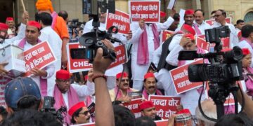SP MLAs stage a sit-in at the Vidhan Bhavan.